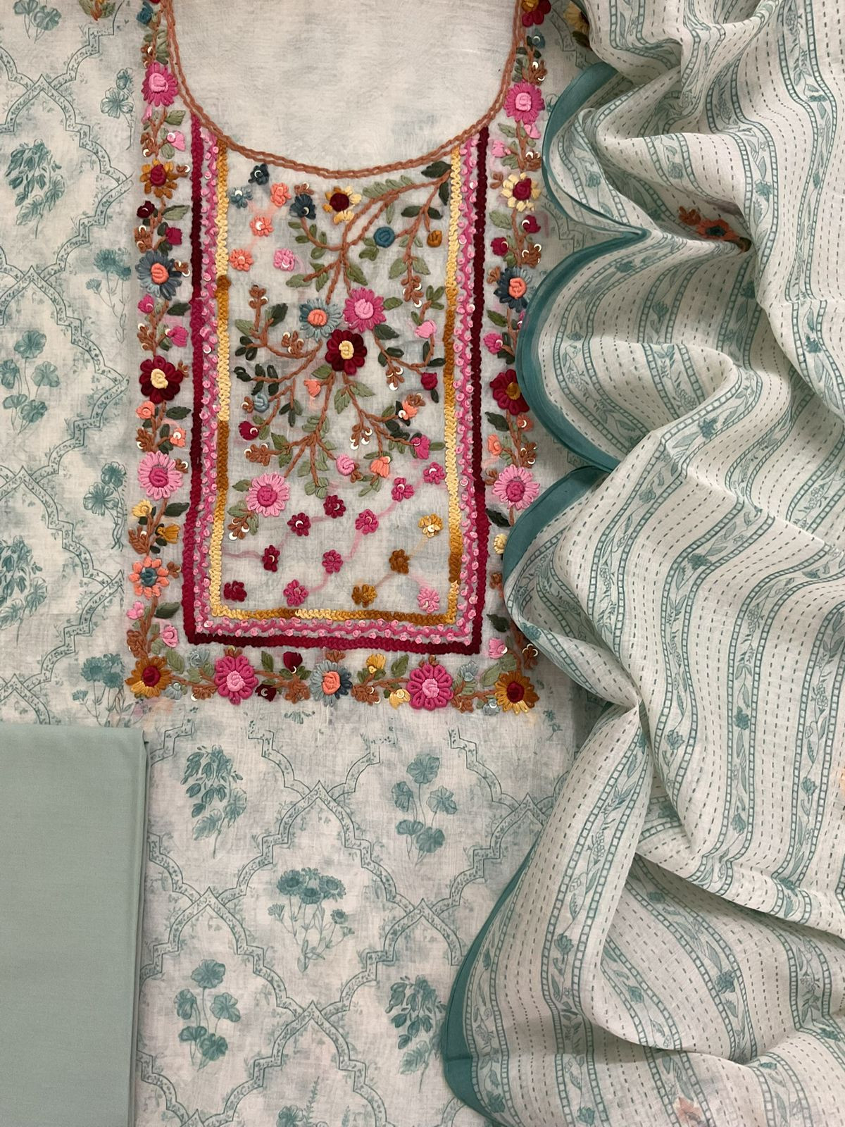 Pure Chanderi Block Printed Embroidered Suit - Off White