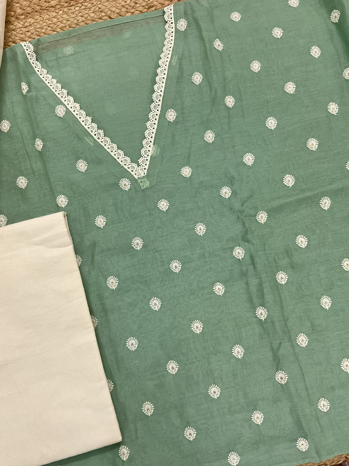 Pure Mul Chanderi Embroidered Suit - Green