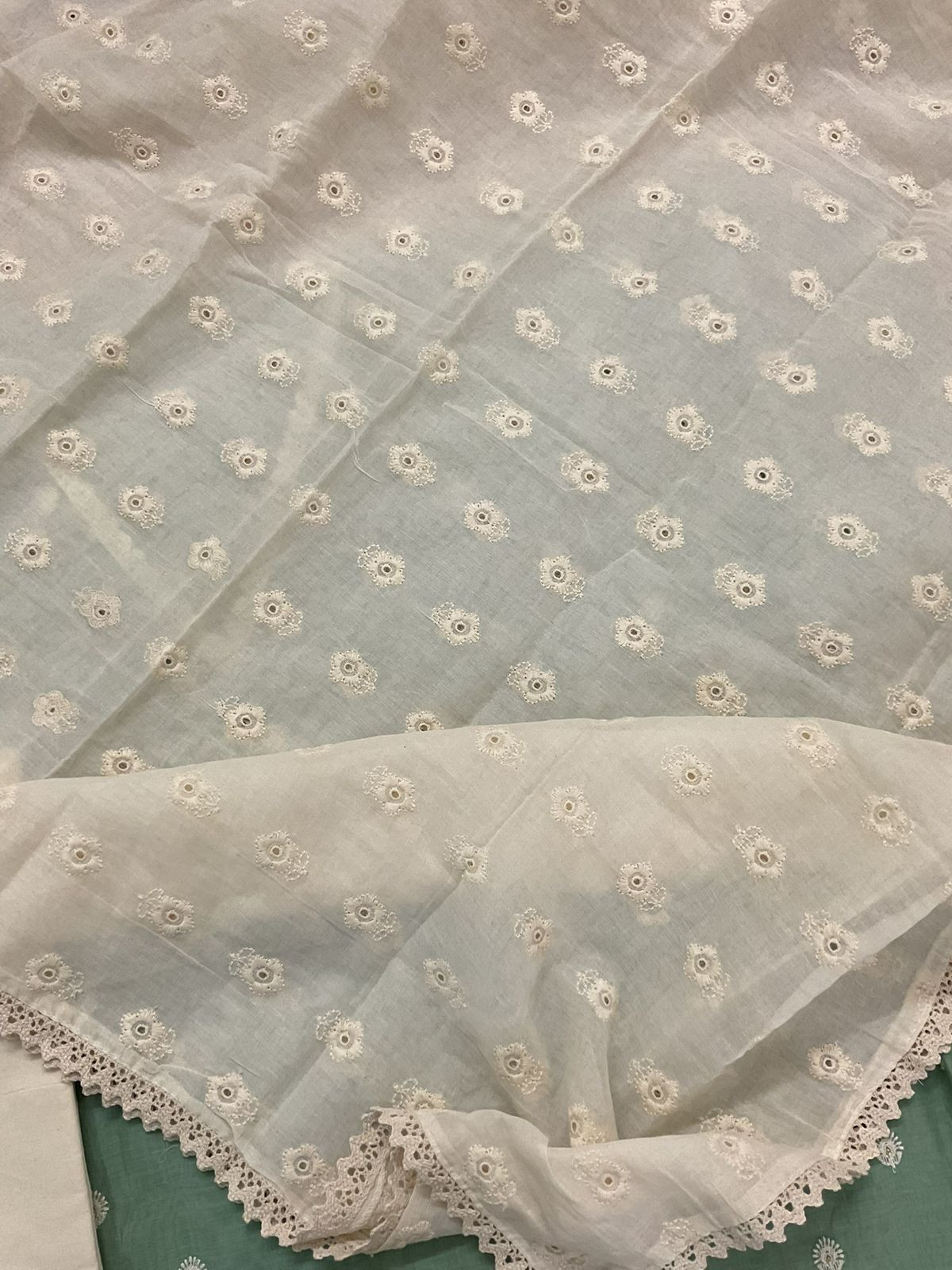 Pure Mul Chanderi Embroidered Suit - Green