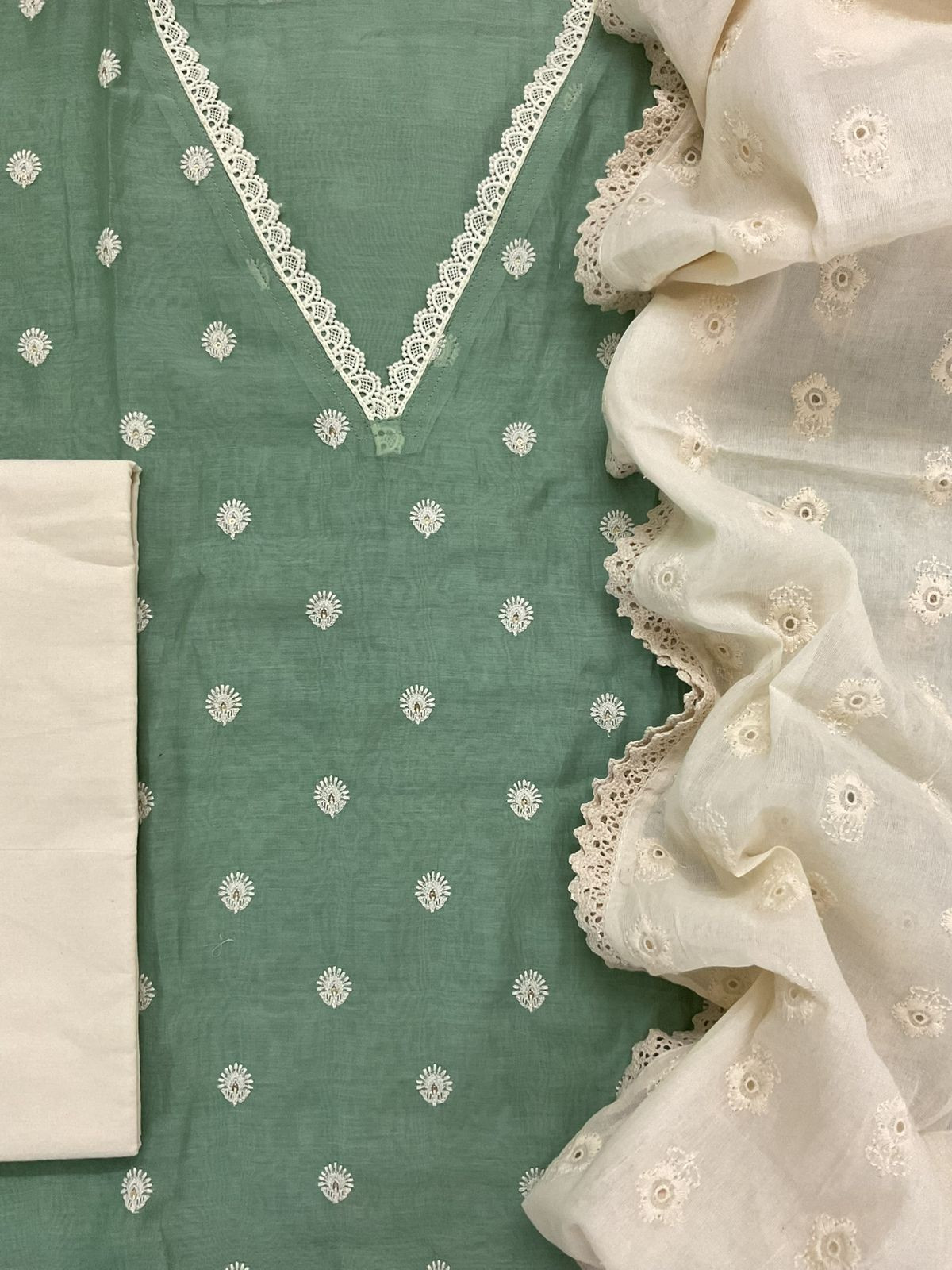 Pure Mul Chanderi Embroidered Suit - Green