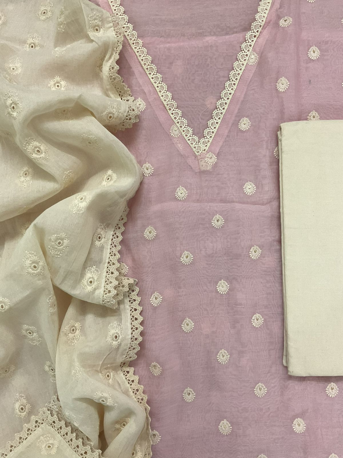 Pure Mul Chanderi Embroidered Suit - Pink