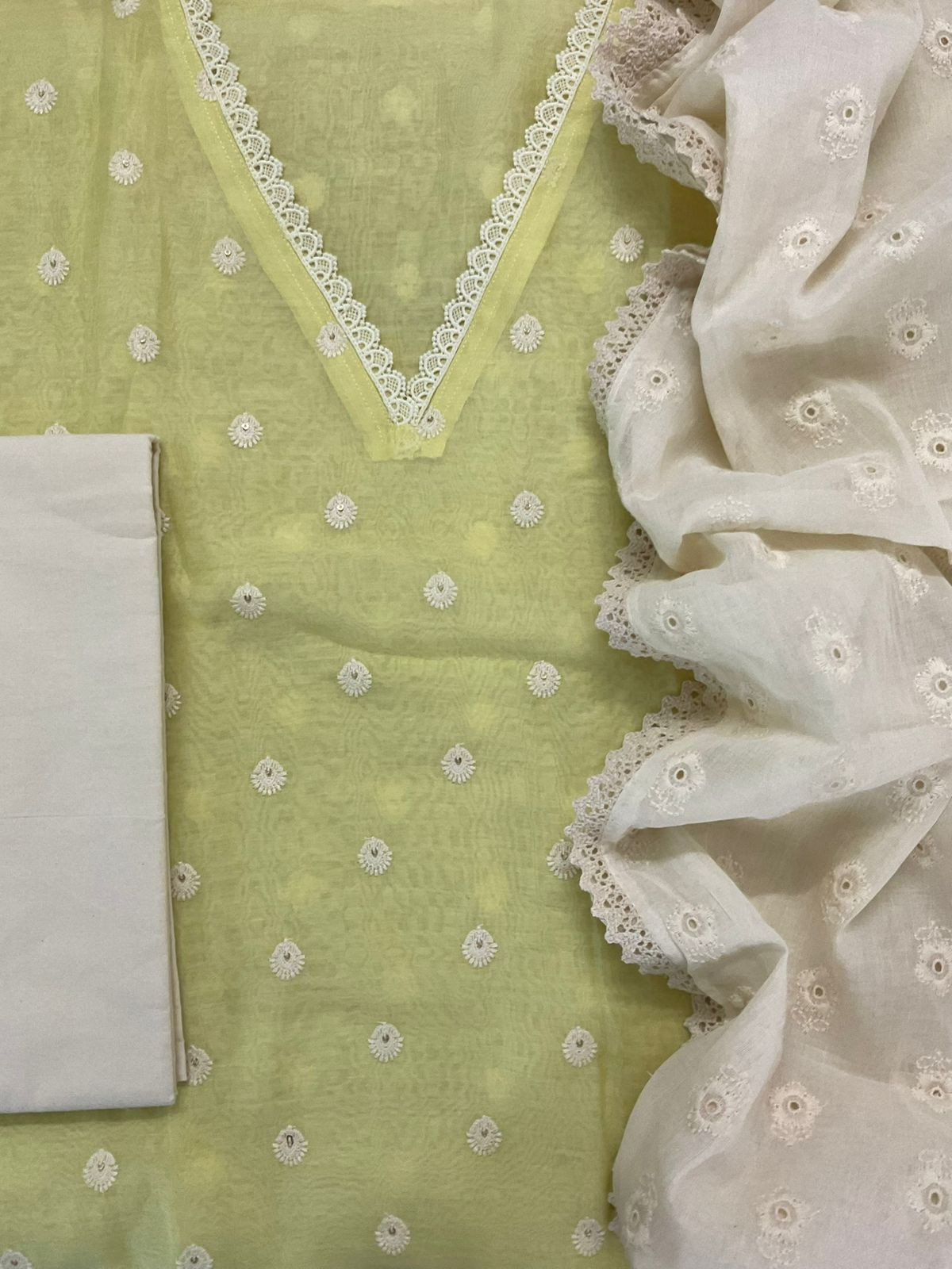 Pure Mul Chanderi Embroidered Suit - Yellow