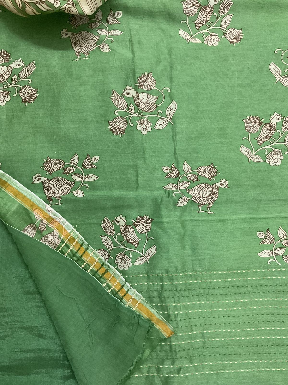 Pure Mul Chanderi Printed Embroidered Suit - Green