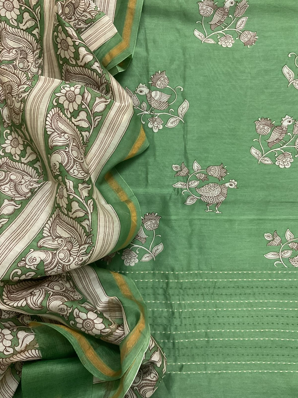 Pure Mul Chanderi Printed Embroidered Suit - Green