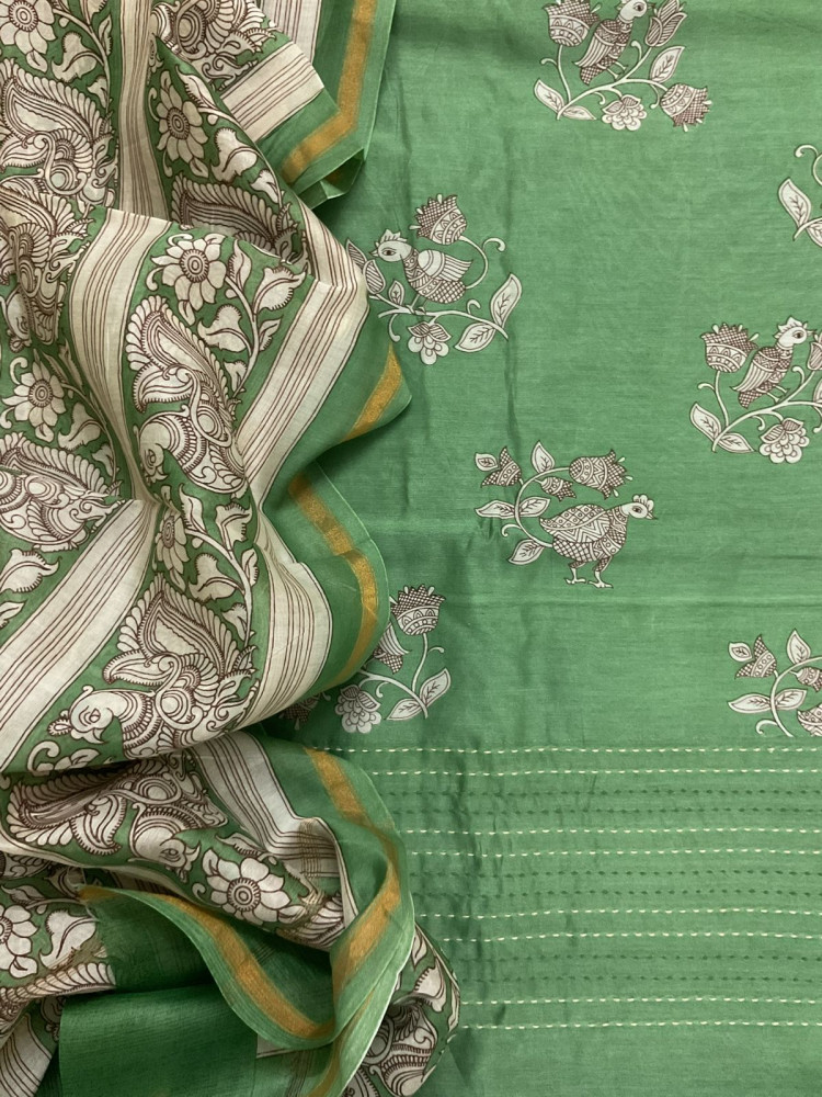 Image of Pure Mul Chanderi Printed Embroidered Suit - Green