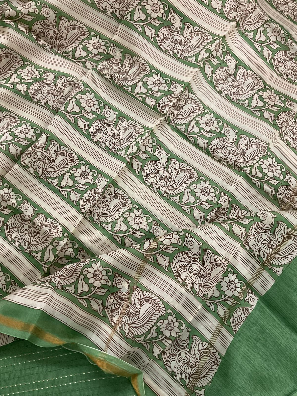 Pure Mul Chanderi Printed Embroidered Suit - Green