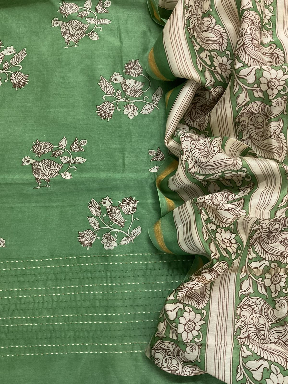 Pure Mul Chanderi Printed Embroidered Suit - Green