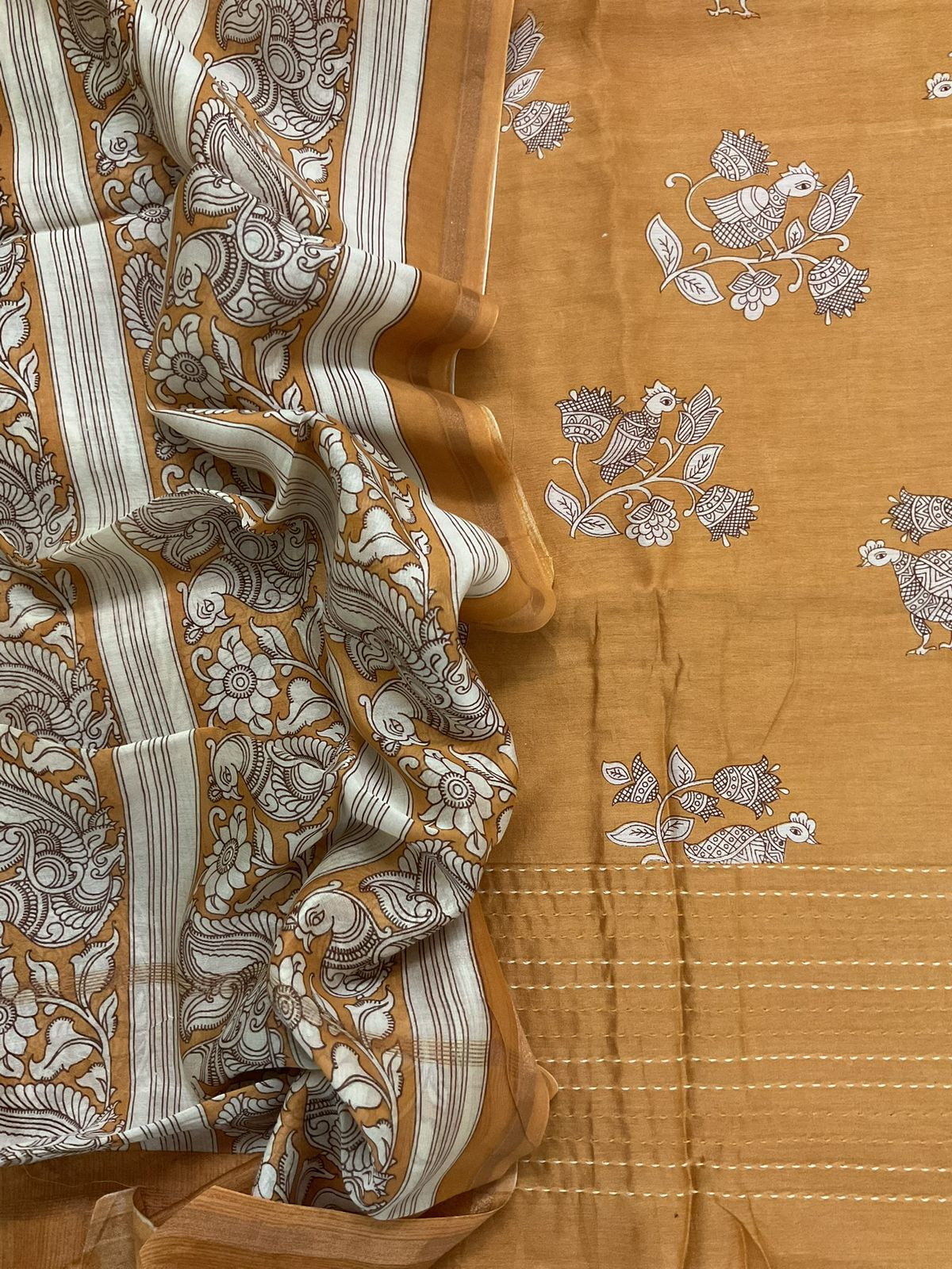 Pure Mul Chanderi Printed Embroidered Suit - Mustard