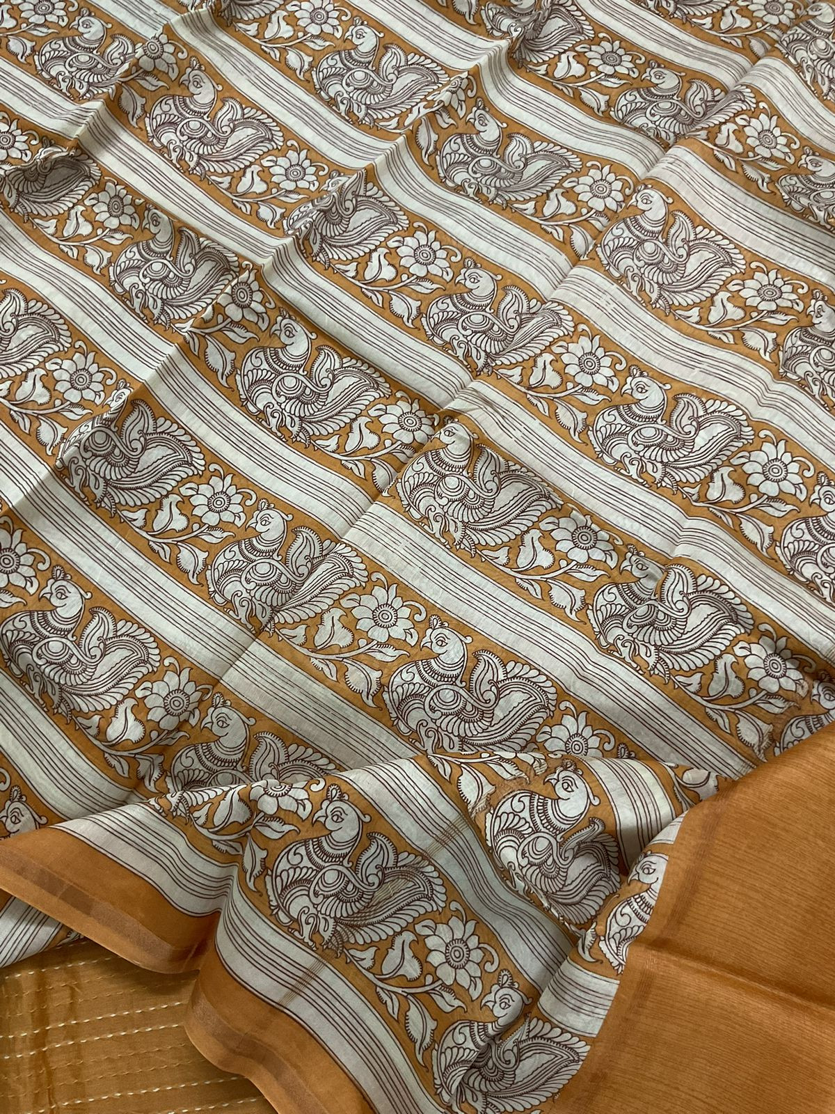 Pure Mul Chanderi Printed Embroidered Suit - Mustard