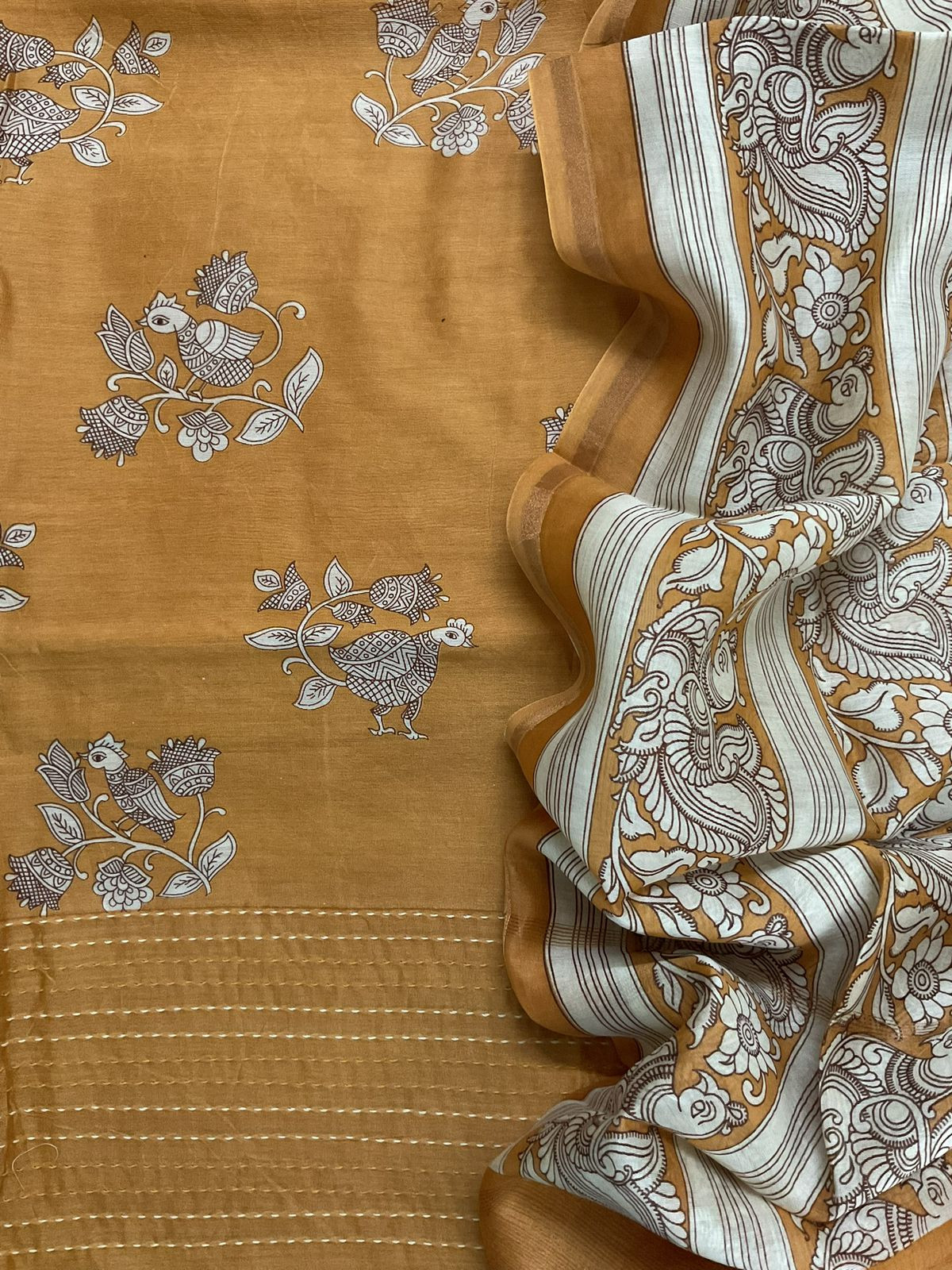 Pure Mul Chanderi Printed Embroidered Suit - Mustard