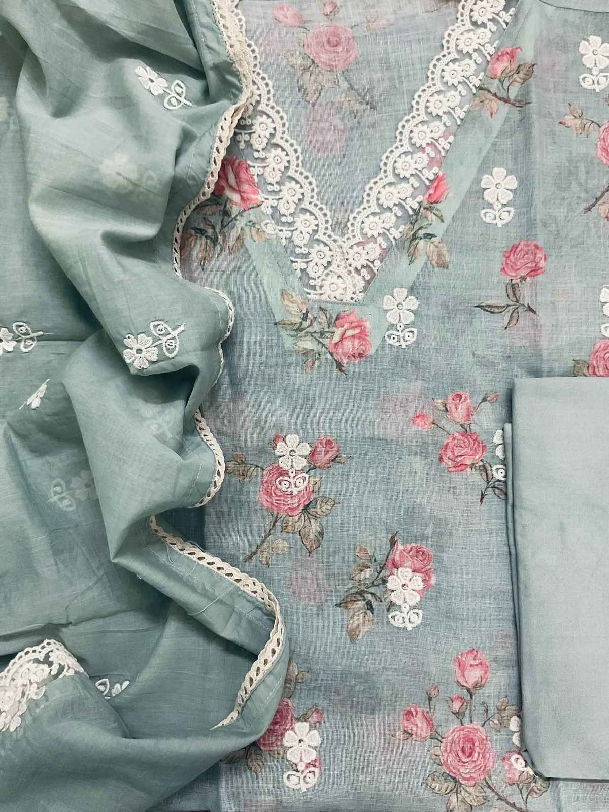 Soft Linen Jute Cotton Printed Embroidered Suit - Blue