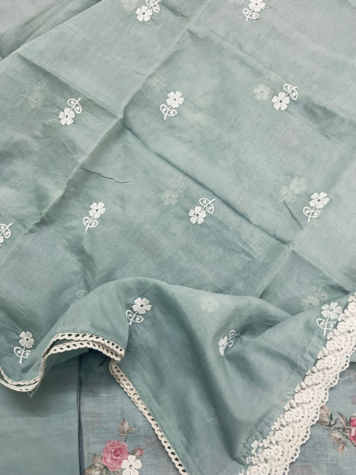 Soft Linen Jute Cotton Printed Embroidered Suit - Blue
