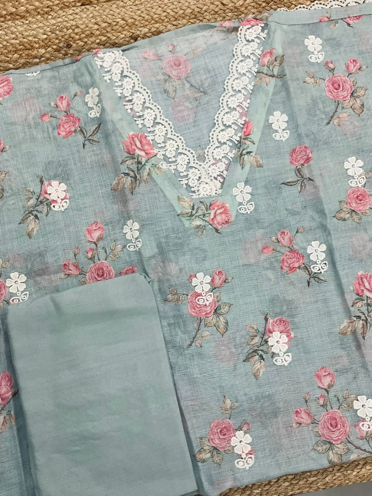 Soft Linen Jute Cotton Printed Embroidered Suit - Blue