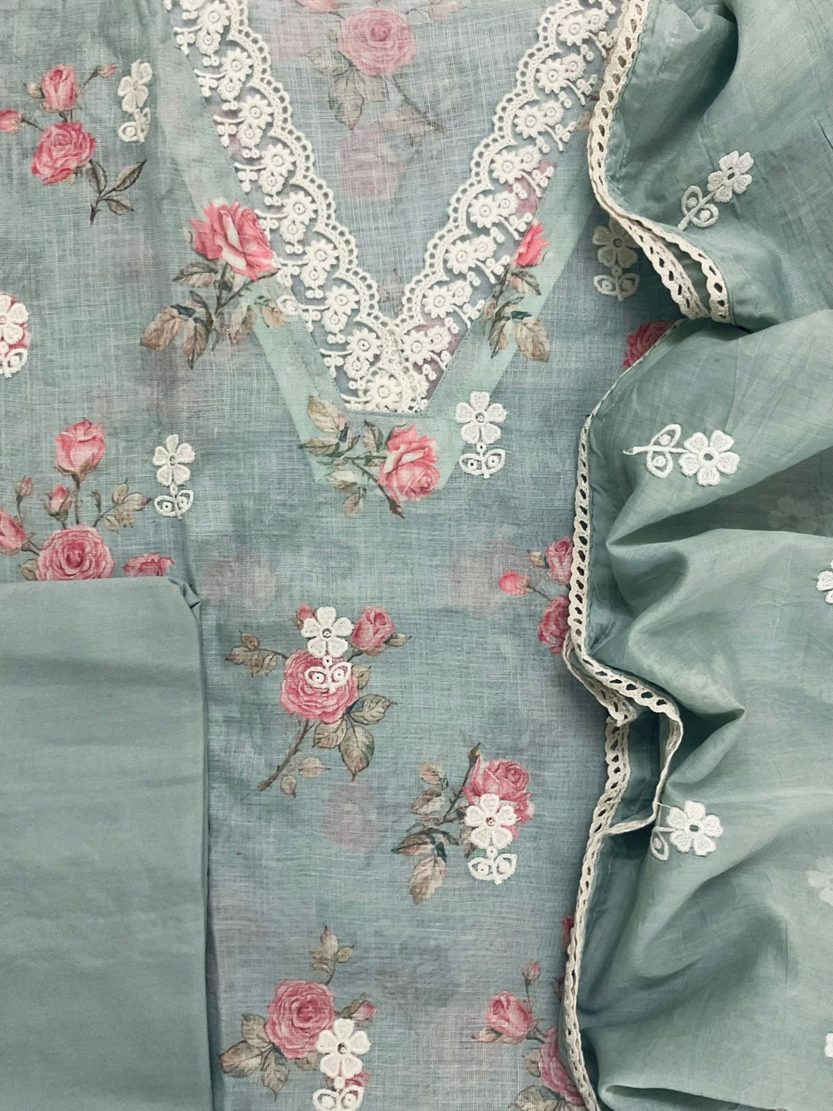 Soft Linen Jute Cotton Printed Embroidered Suit - Blue