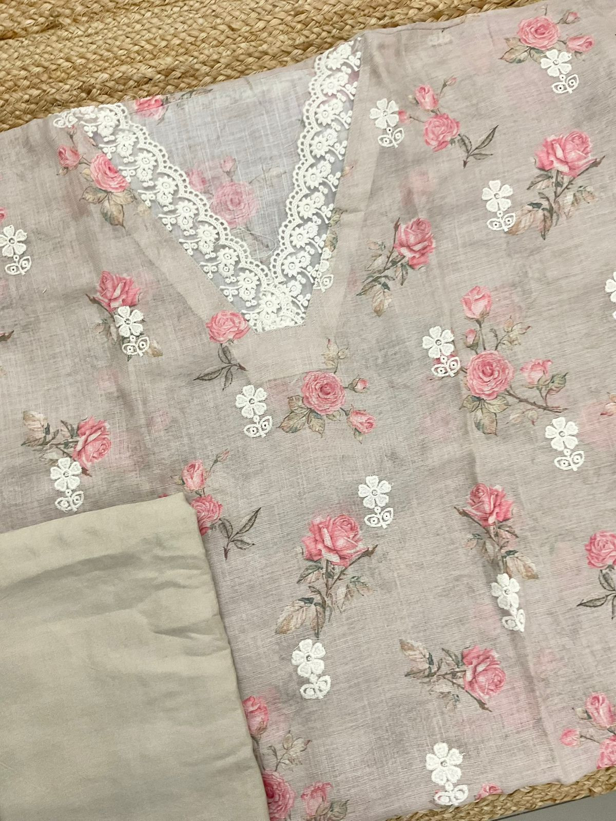 Soft Linen Jute Cotton Printed Embroidered Suit - Beige