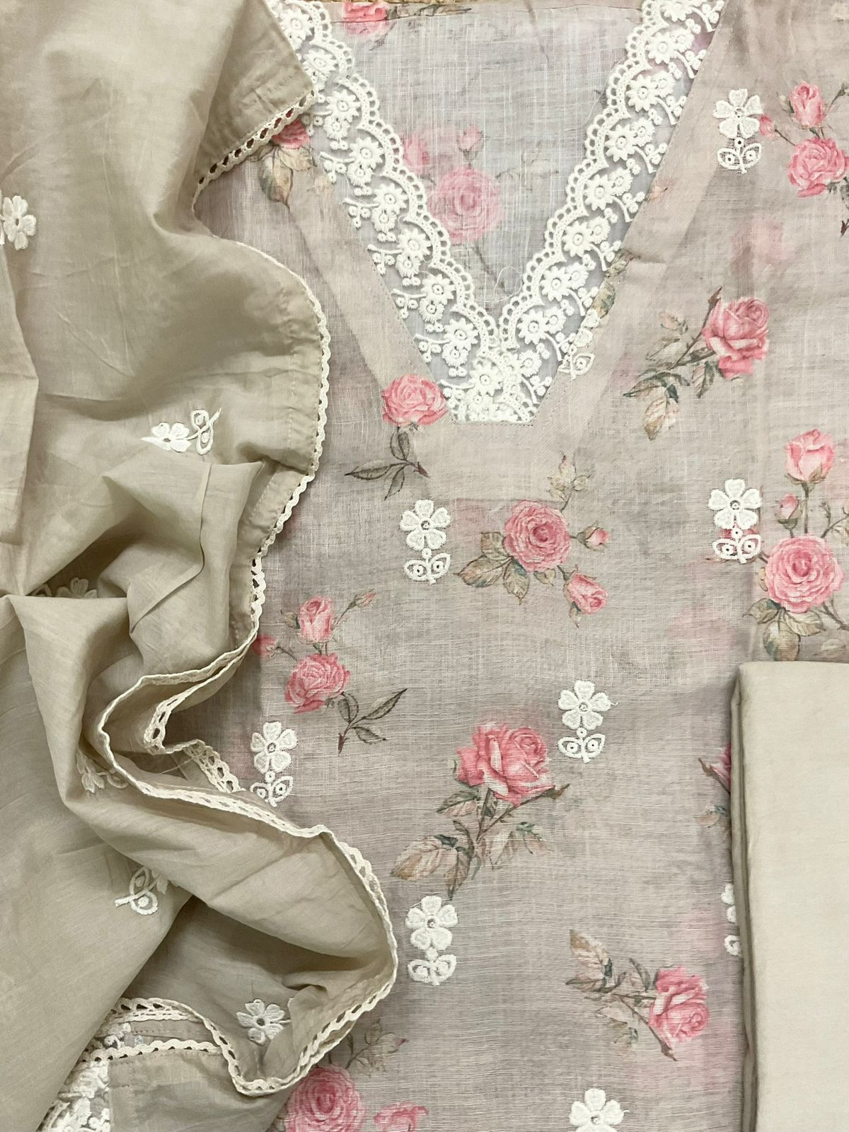 Soft Linen Jute Cotton Printed Embroidered Suit - Beige