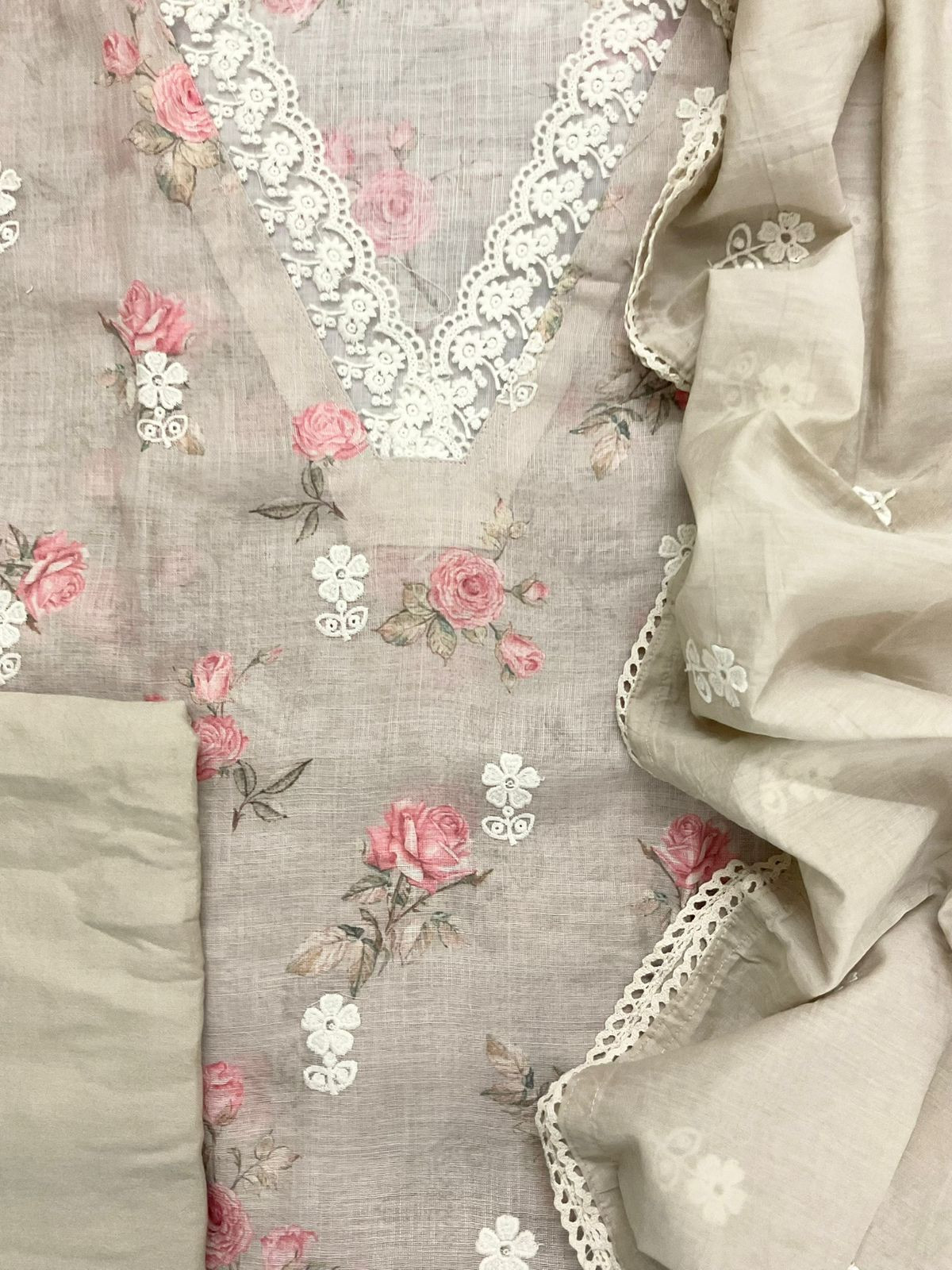 Soft Linen Jute Cotton Printed Embroidered Suit - Beige