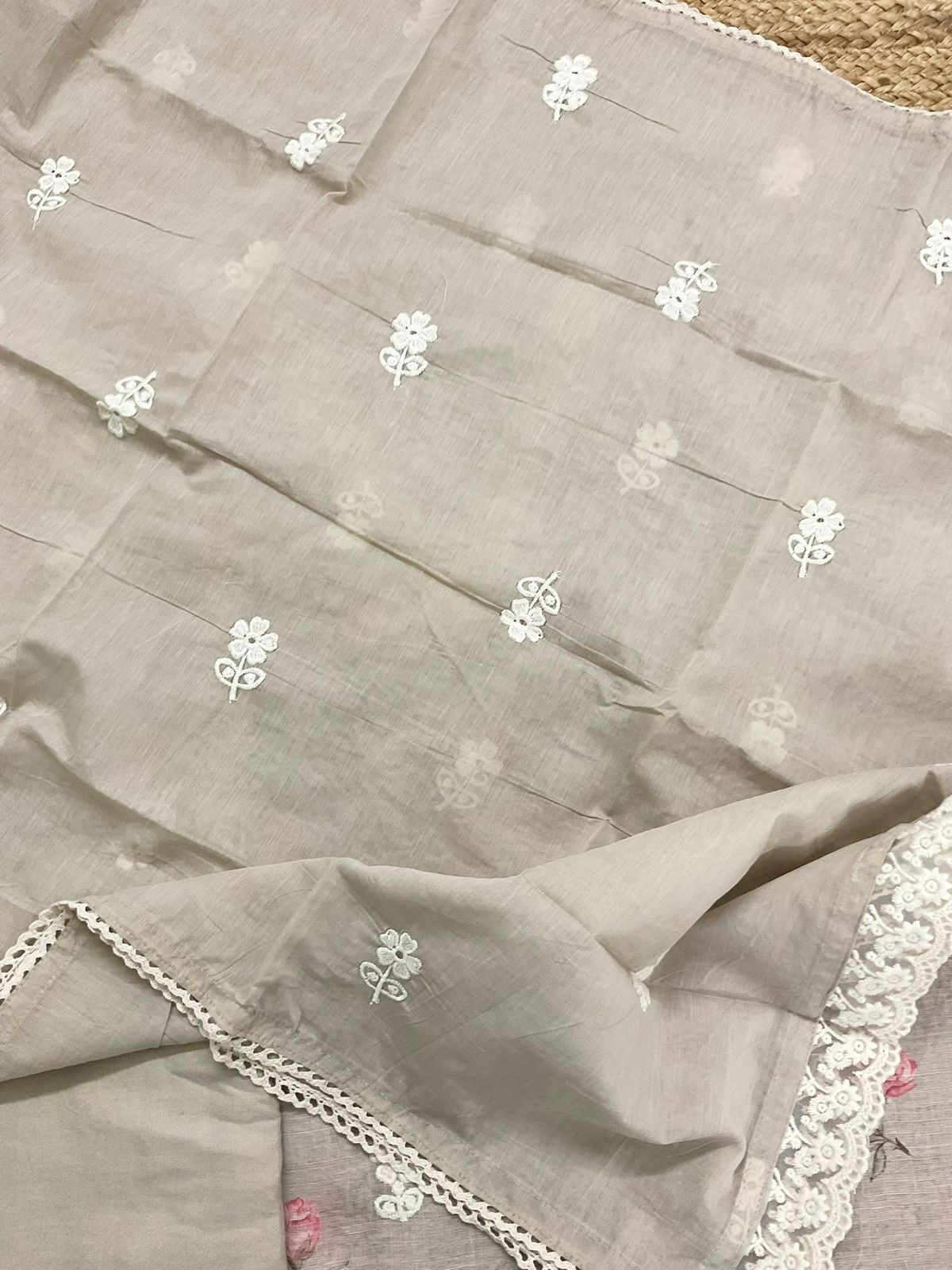 Soft Linen Jute Cotton Printed Embroidered Suit - Beige