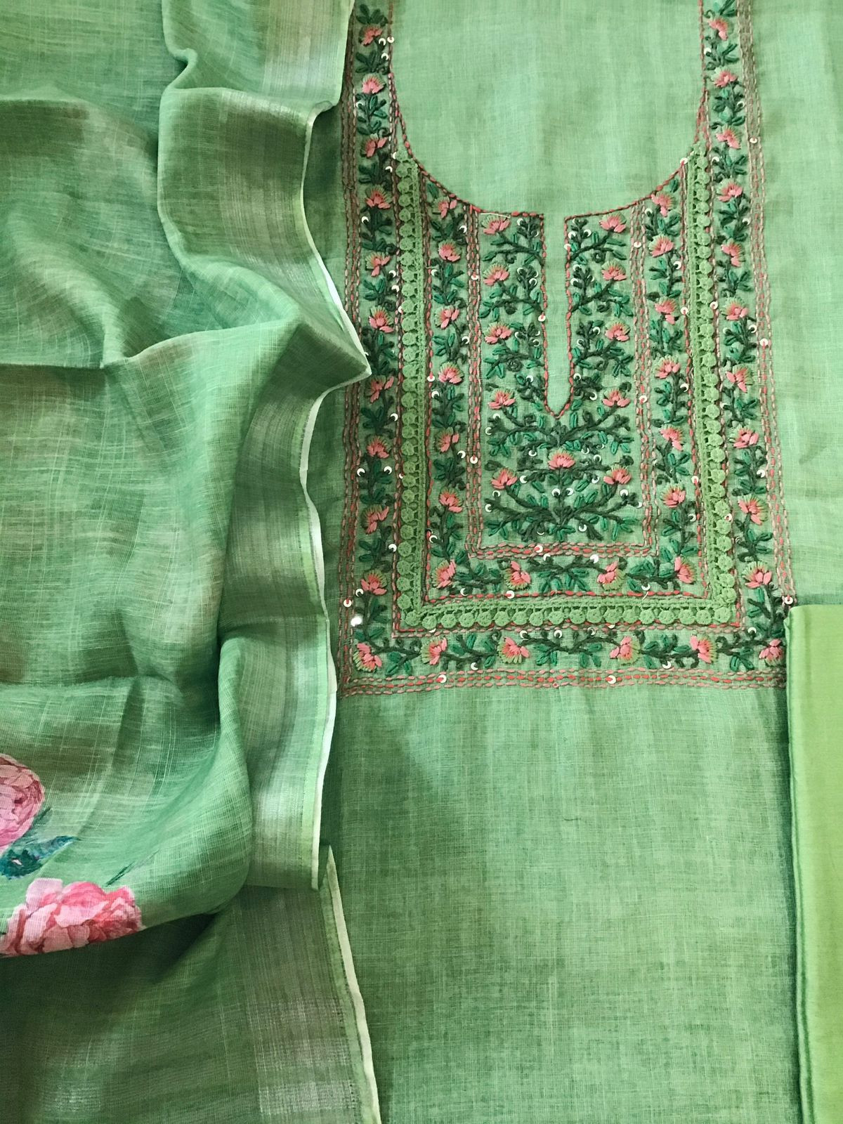 Pure Linen Jute Cotton Embroidered Suit - Green