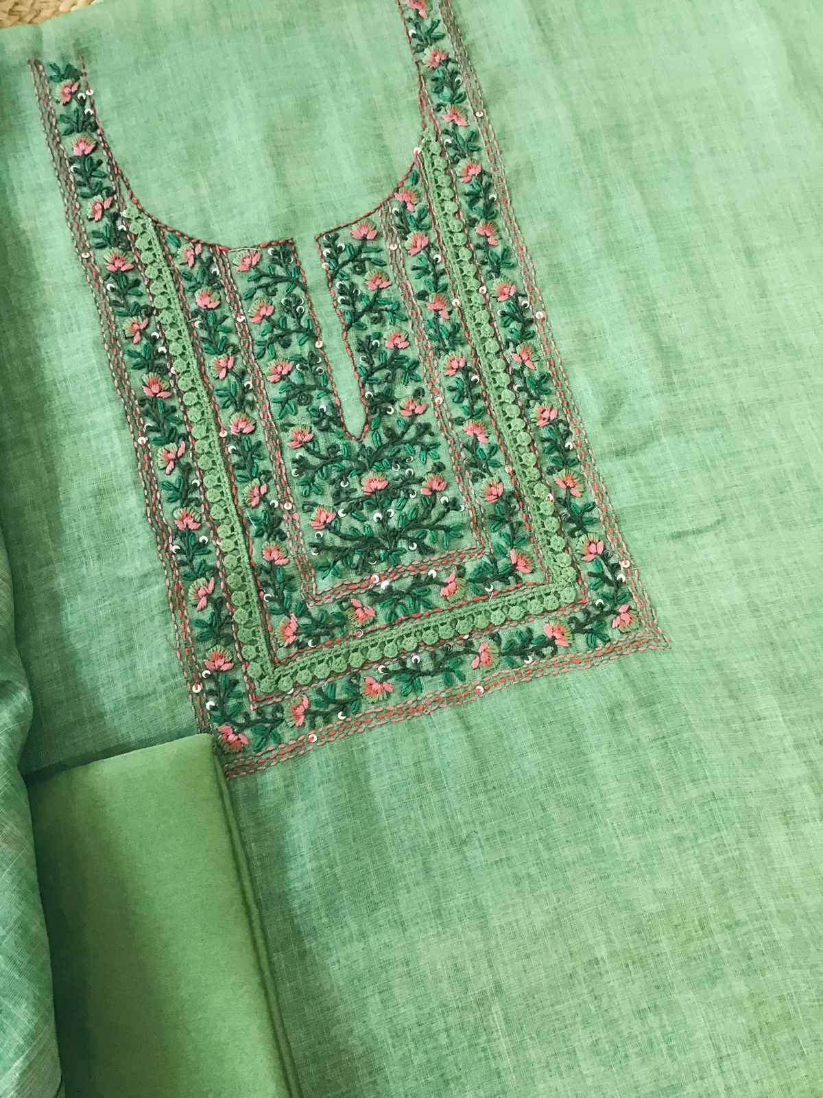 Pure Linen Jute Cotton Embroidered Suit - Green