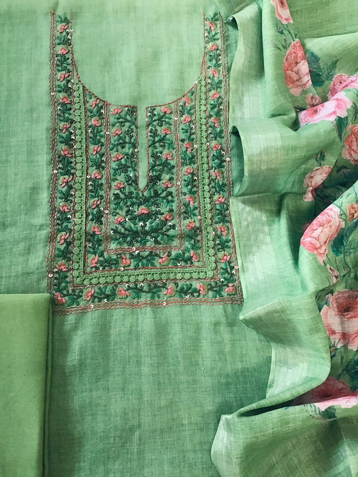 Pure Linen Jute Cotton Embroidered Suit - Green