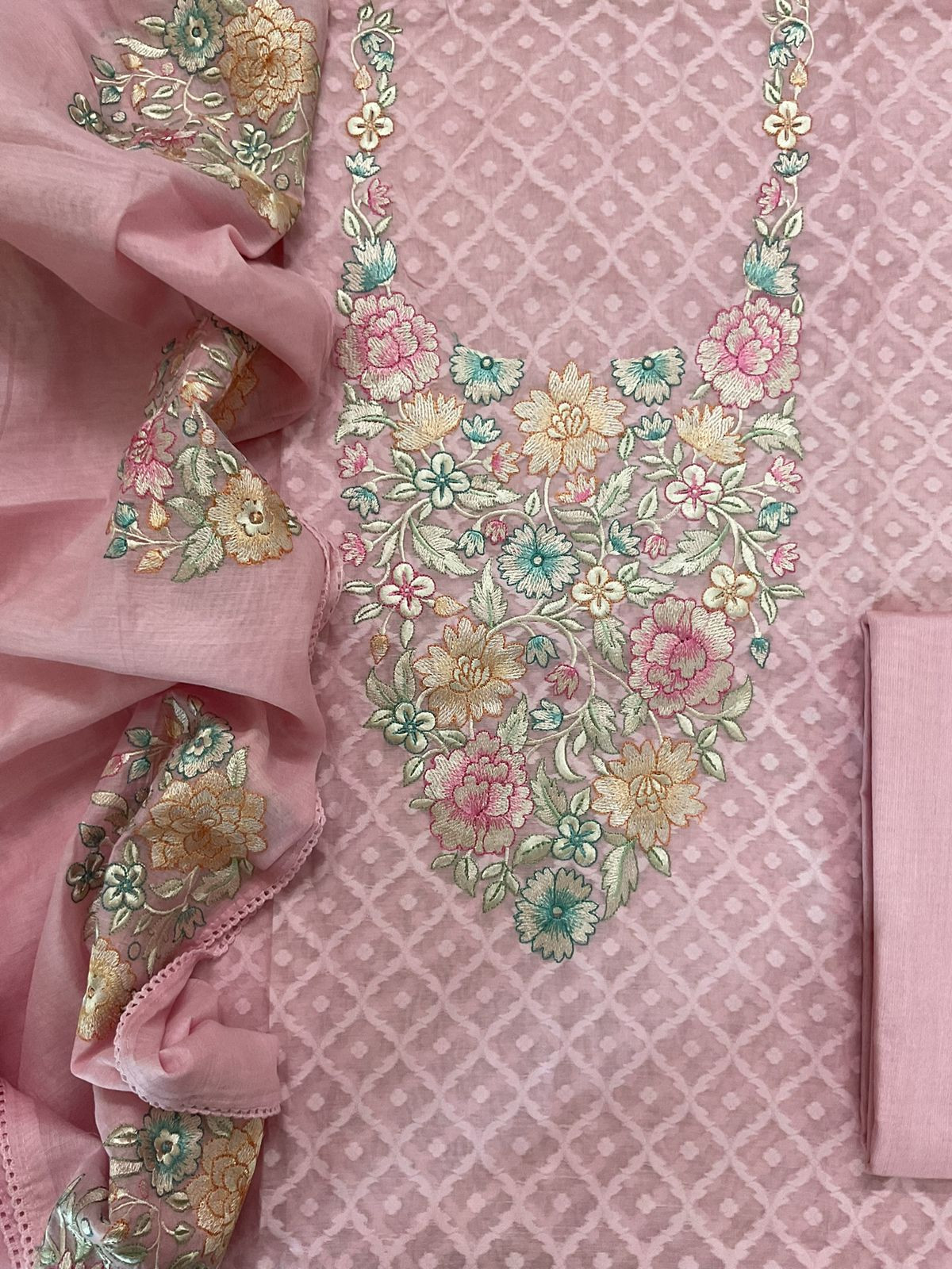 Pure Mul Chanderi Self Weaved Embroidered Suit - Pink
