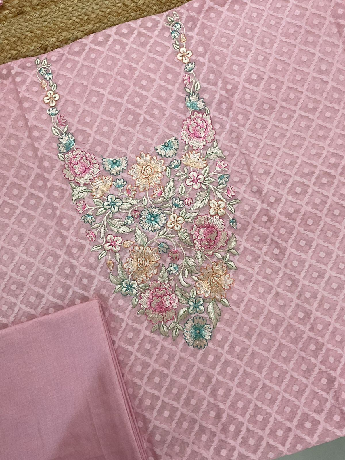 Pure Mul Chanderi Self Weaved Embroidered Suit - Pink