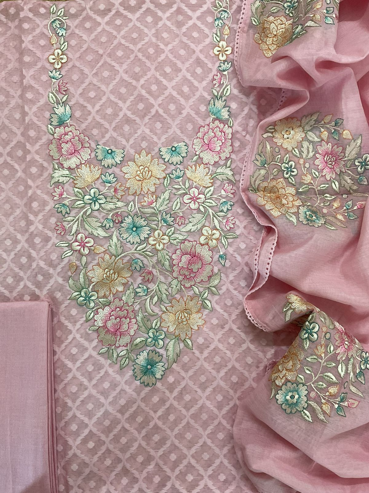 Pure Mul Chanderi Self Weaved Embroidered Suit - Pink