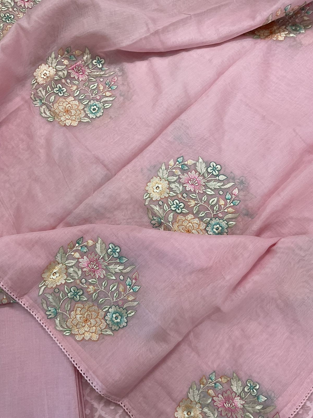 Pure Mul Chanderi Self Weaved Embroidered Suit - Pink
