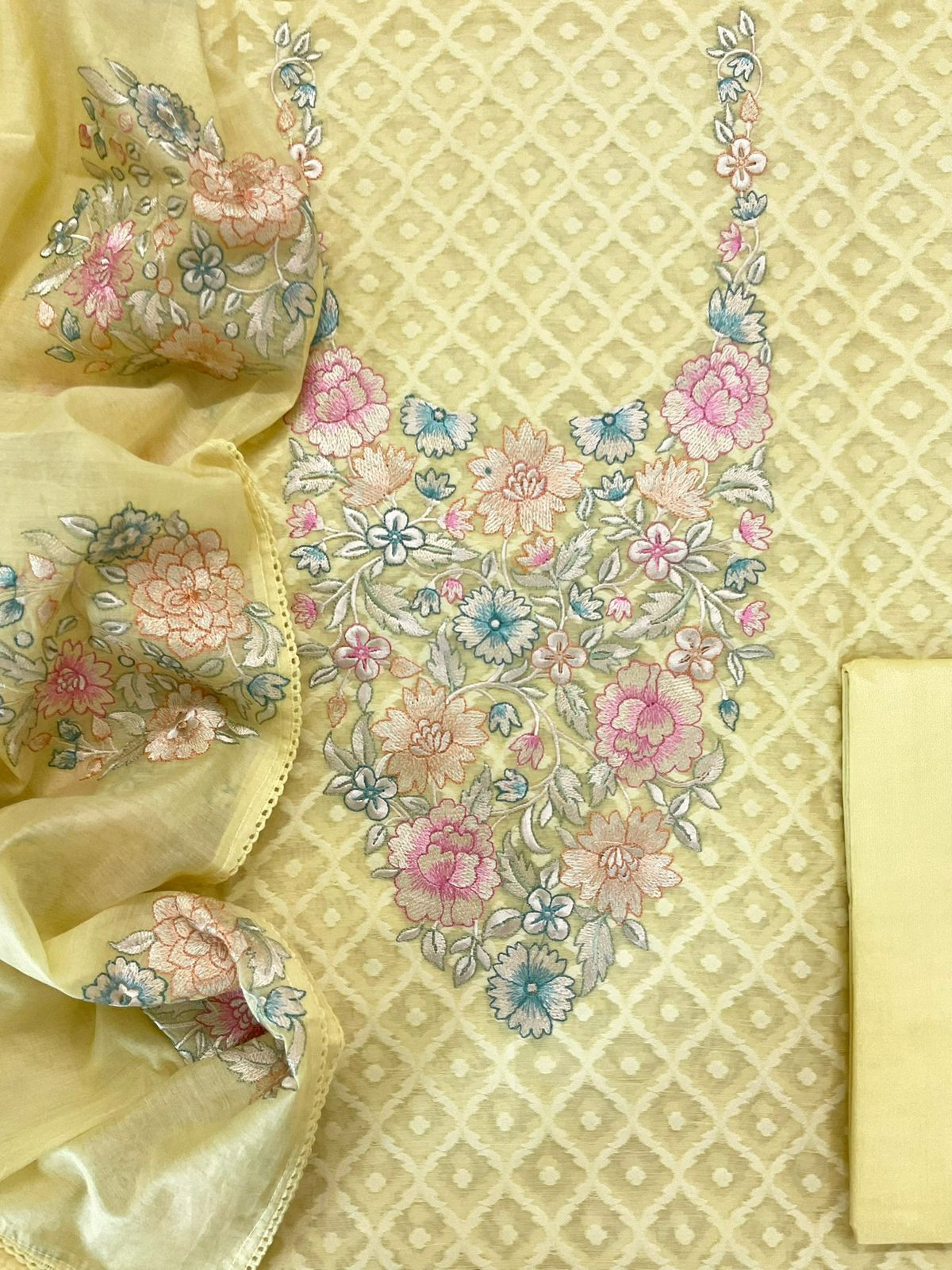 Pure Mul Chanderi Self Weaved Embroidered Suit - Yellow