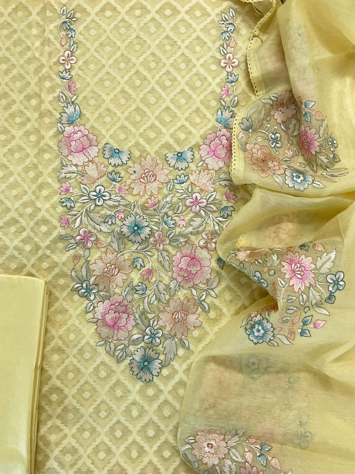 Pure Mul Chanderi Self Weaved Embroidered Suit - Yellow