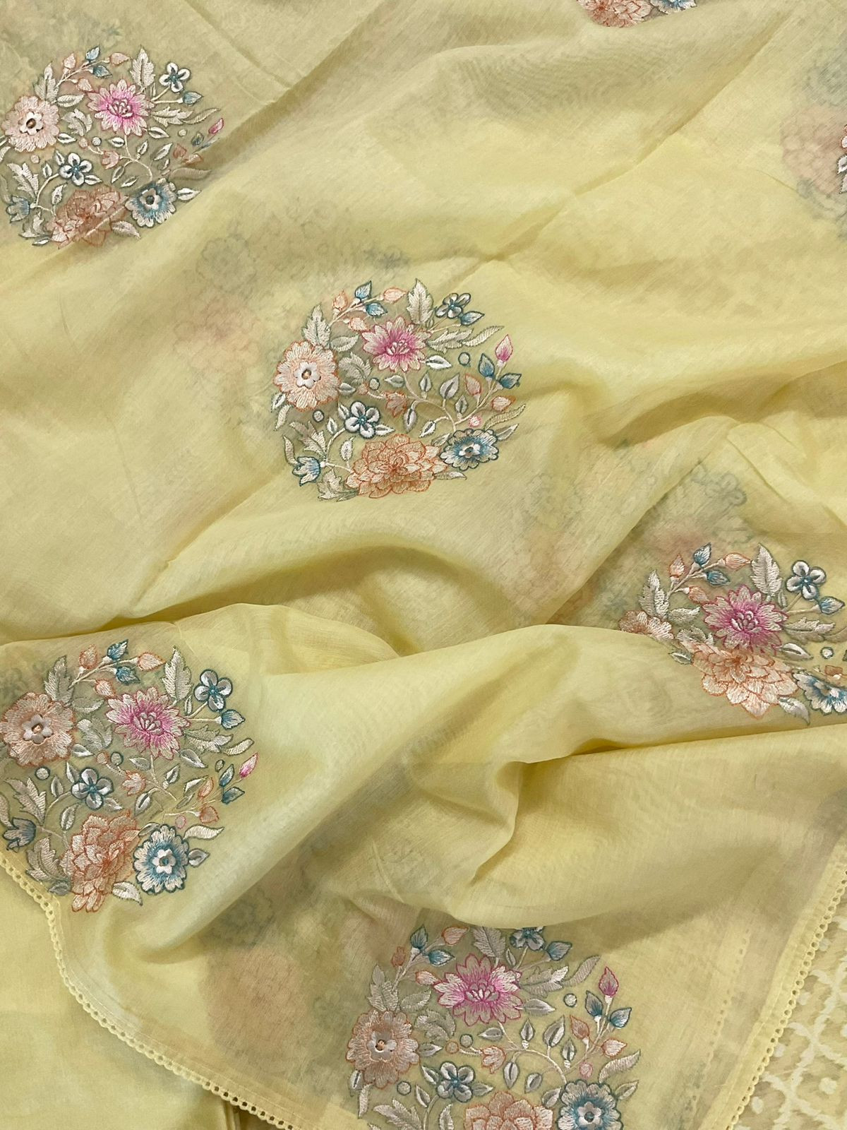 Pure Mul Chanderi Self Weaved Embroidered Suit - Yellow