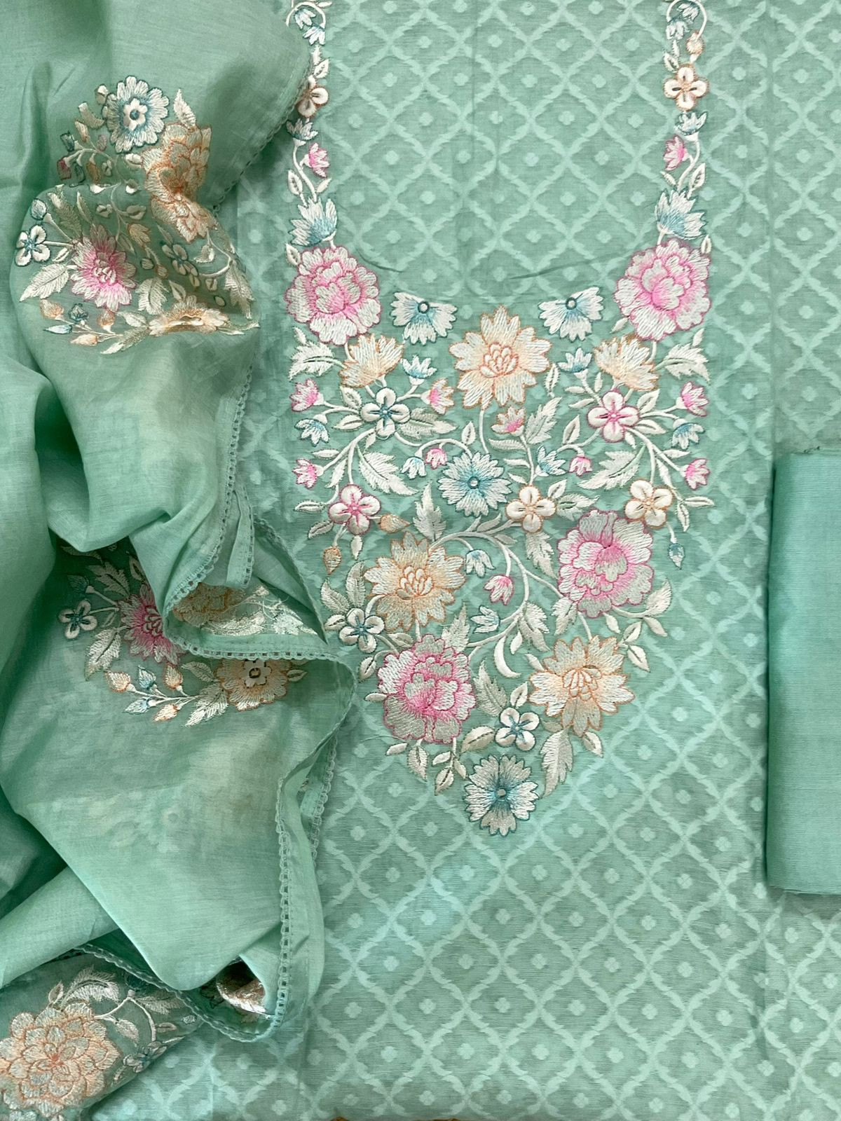 Pure Mul Chanderi Self Weaved Embroidered Suit - Green