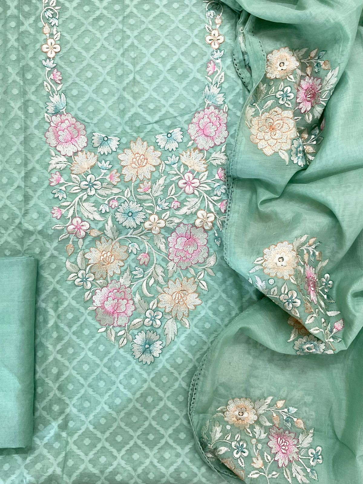 Pure Mul Chanderi Self Weaved Embroidered Suit - Green
