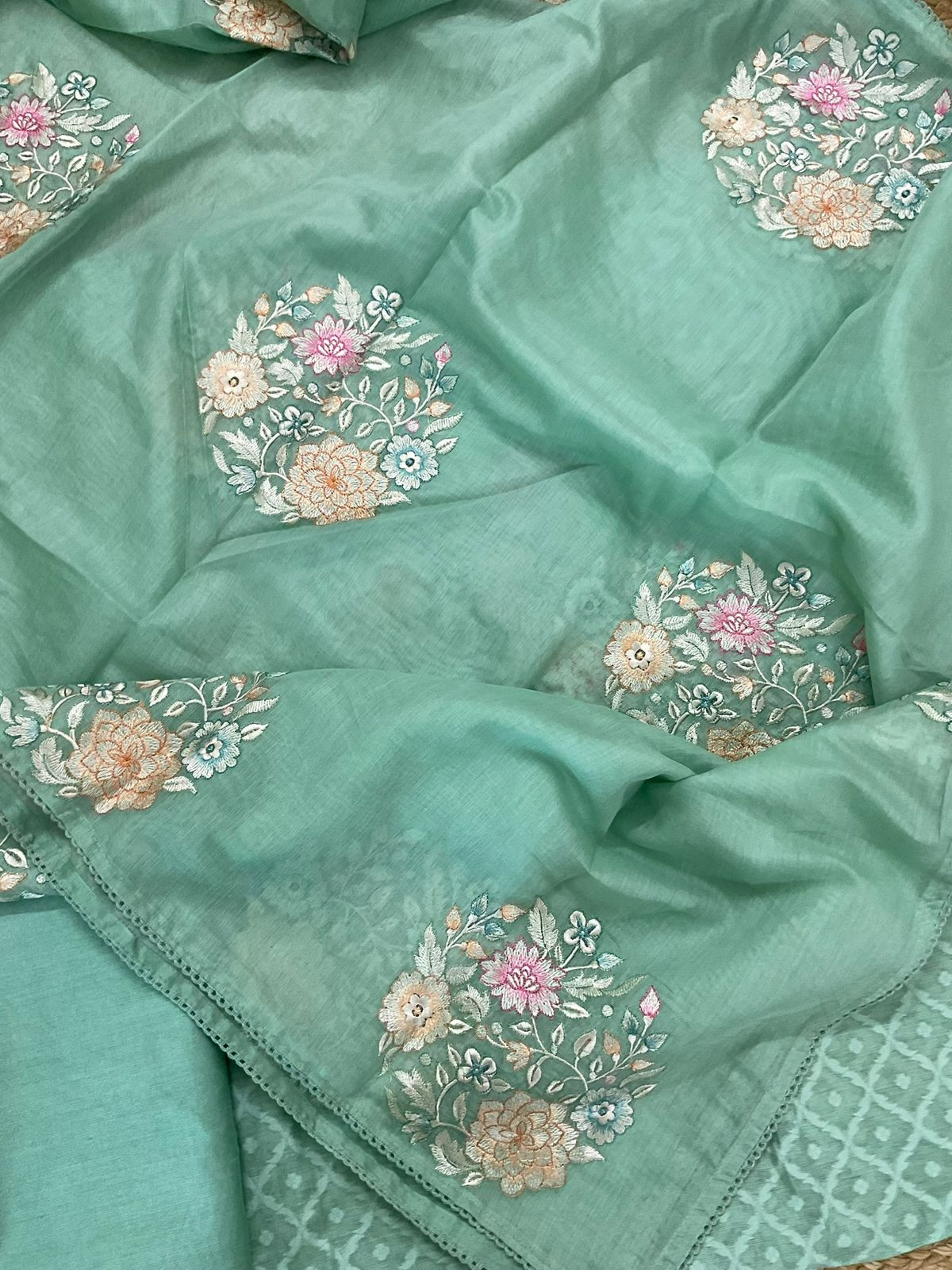 Pure Mul Chanderi Self Weaved Embroidered Suit - Green