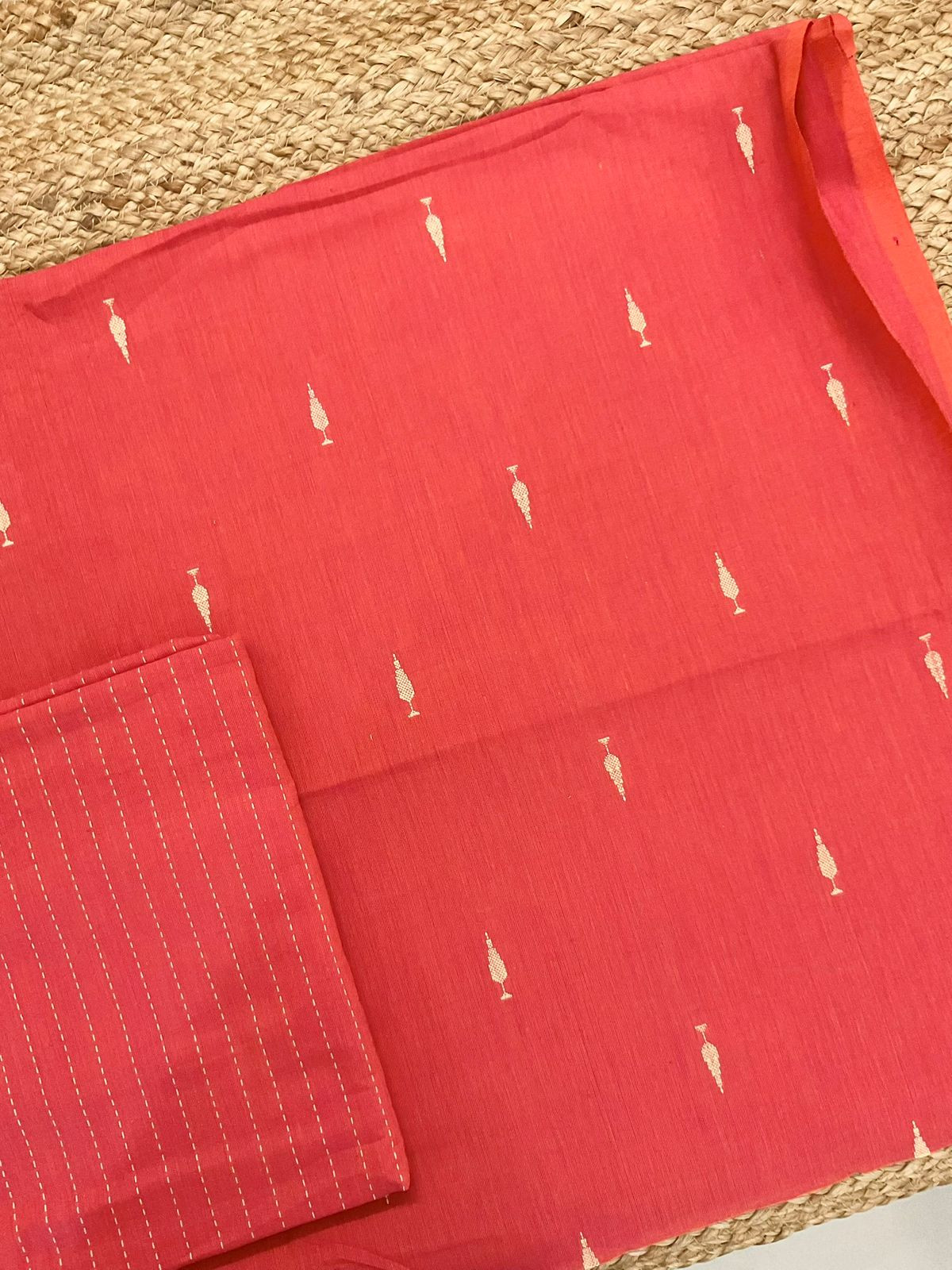 Pure Handloom Cotton Self Weaved Suit - Peachish Orange