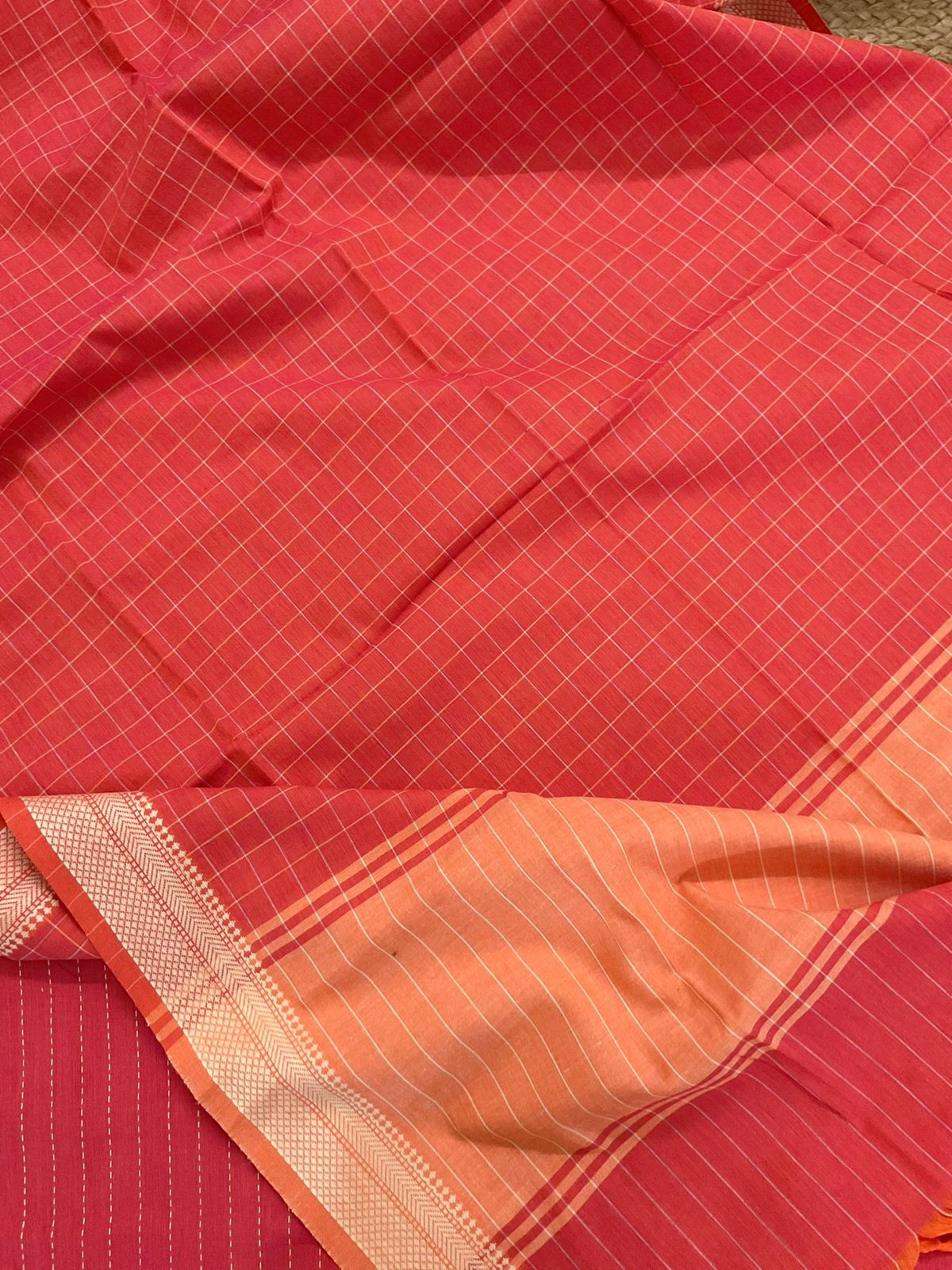 Pure Handloom Cotton Self Weaved Suit - Peachish Orange