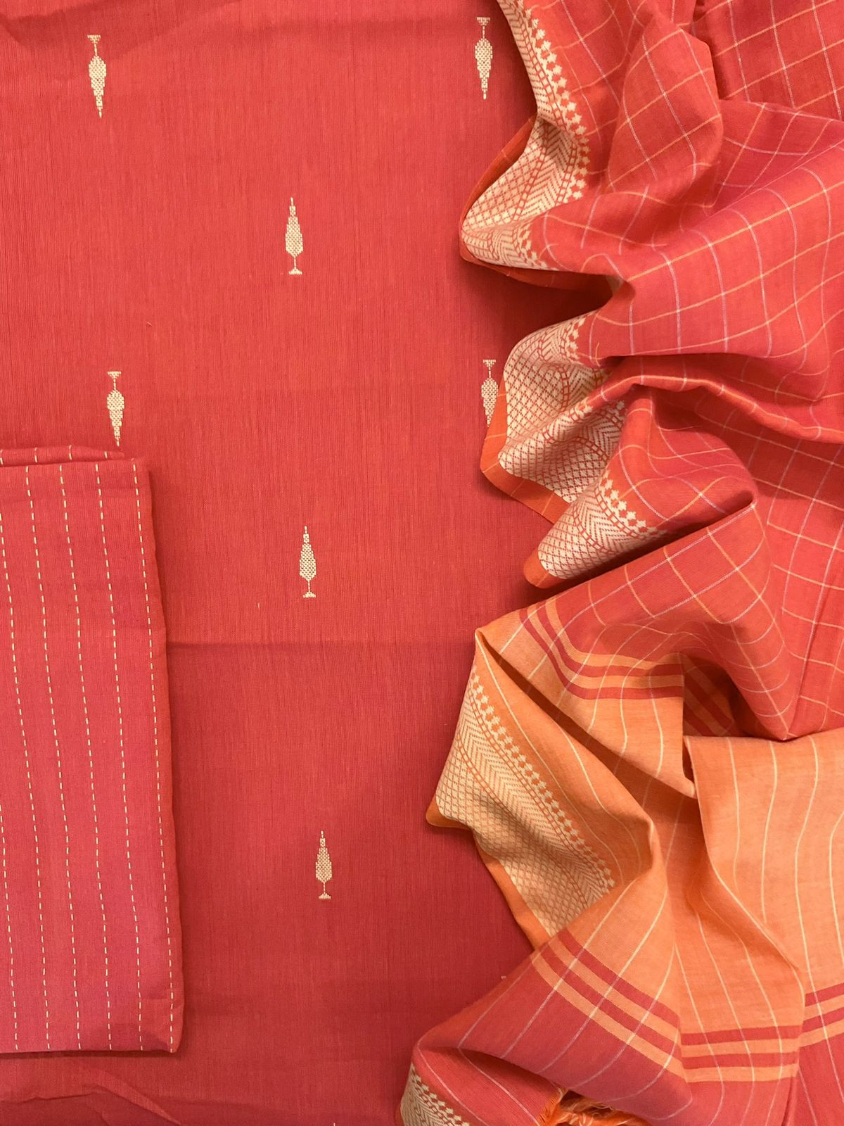 Pure Handloom Cotton Self Weaved Suit - Peachish Orange