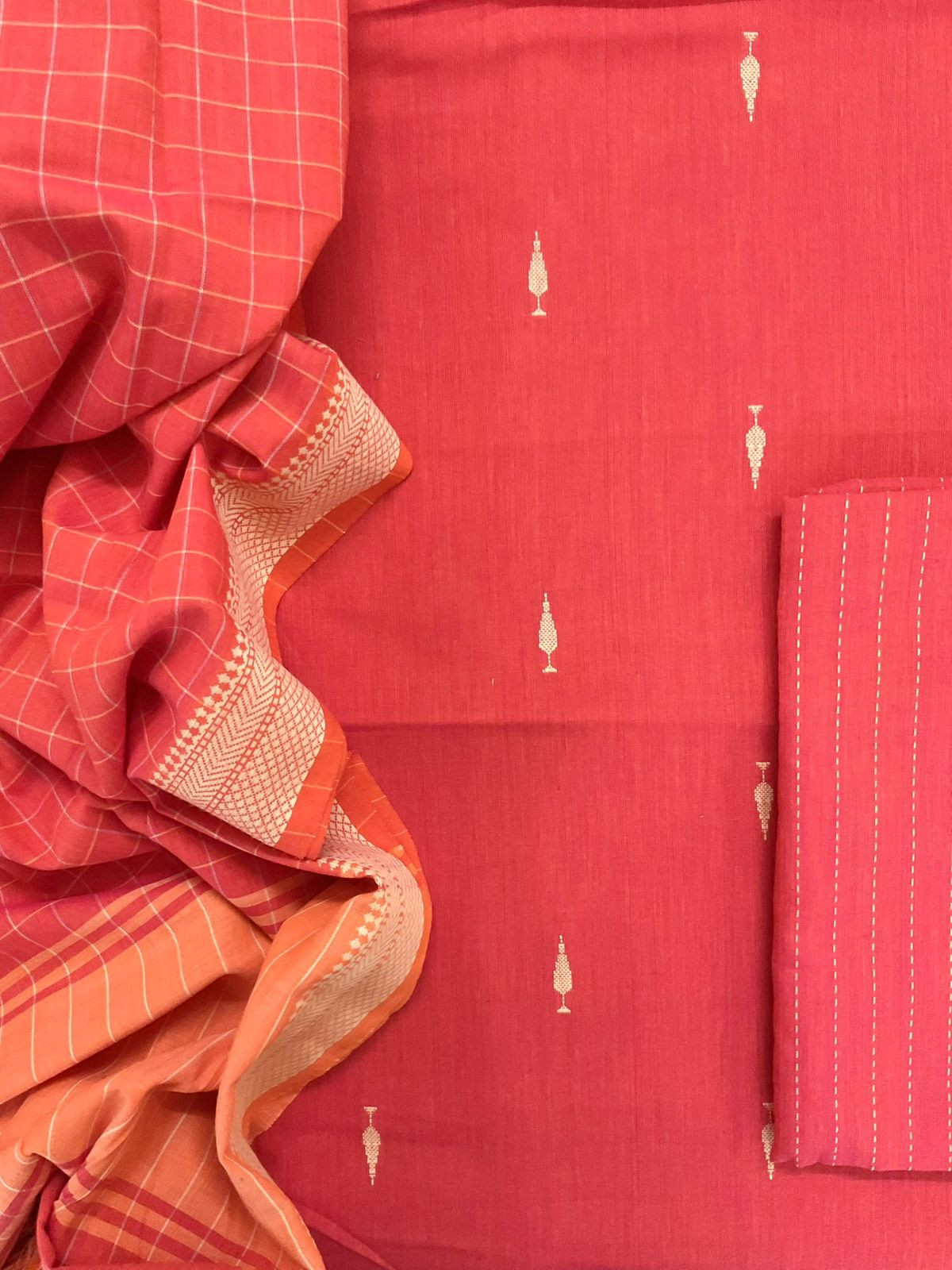 Pure Handloom Cotton Self Weaved Suit - Peachish Orange