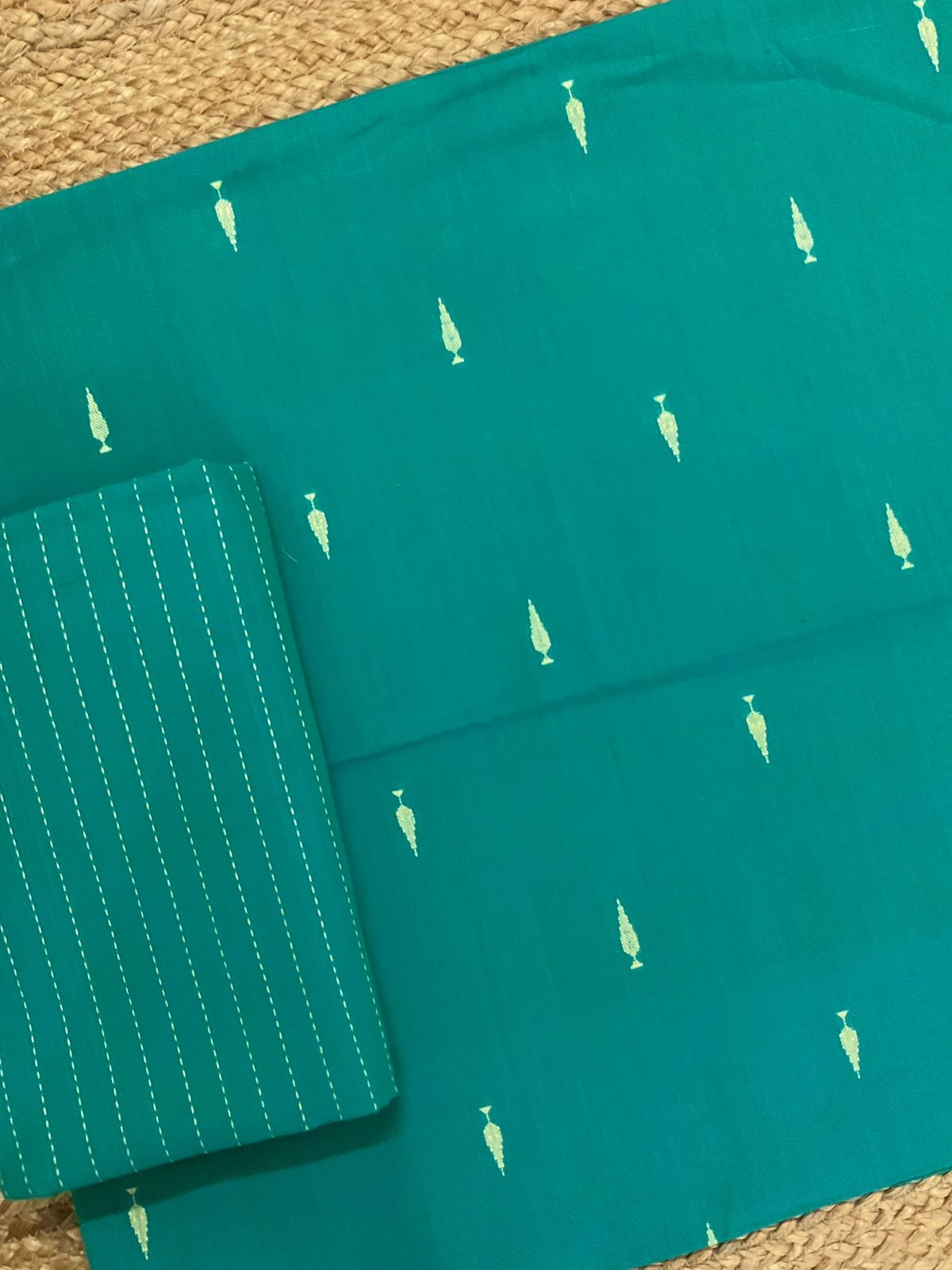 Pure Handloom Cotton Self Weaved Suit - Rama Green
