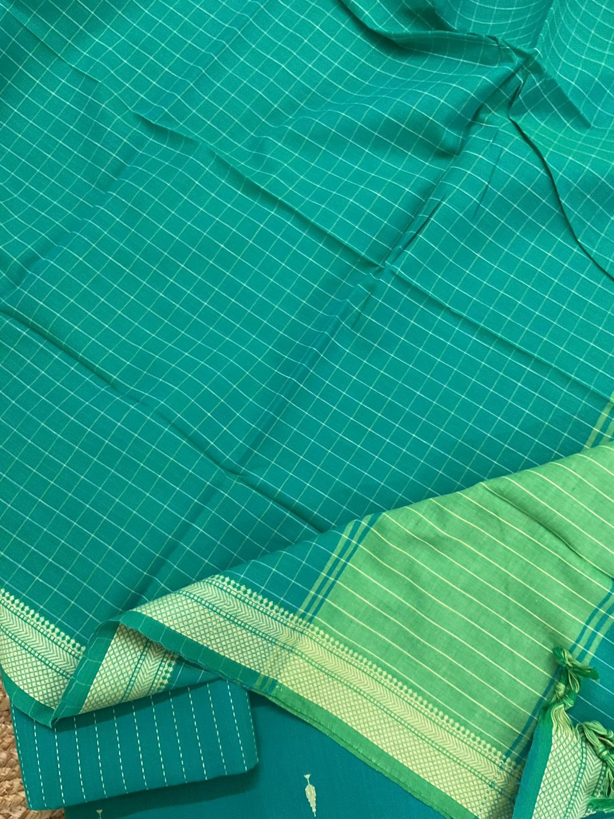 Pure Handloom Cotton Self Weaved Suit - Rama Green