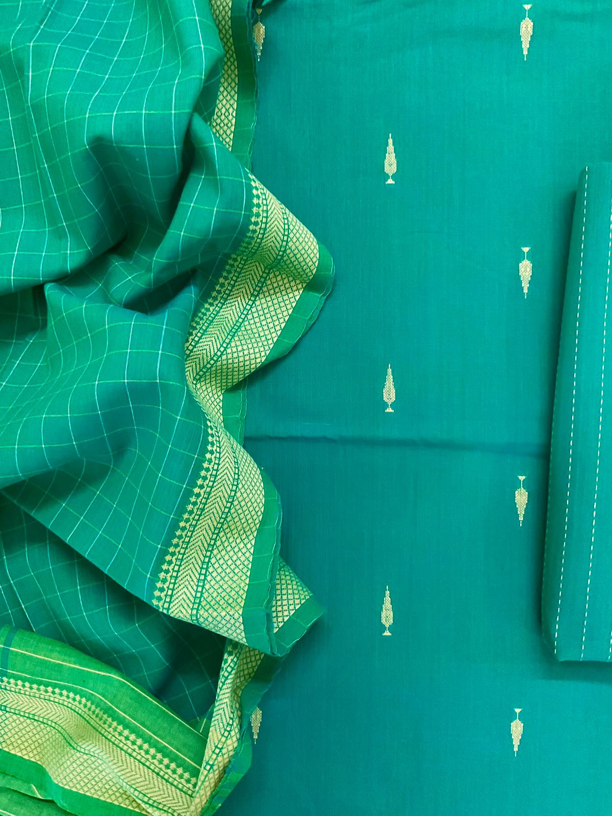 Pure Handloom Cotton Self Weaved Suit - Rama Green