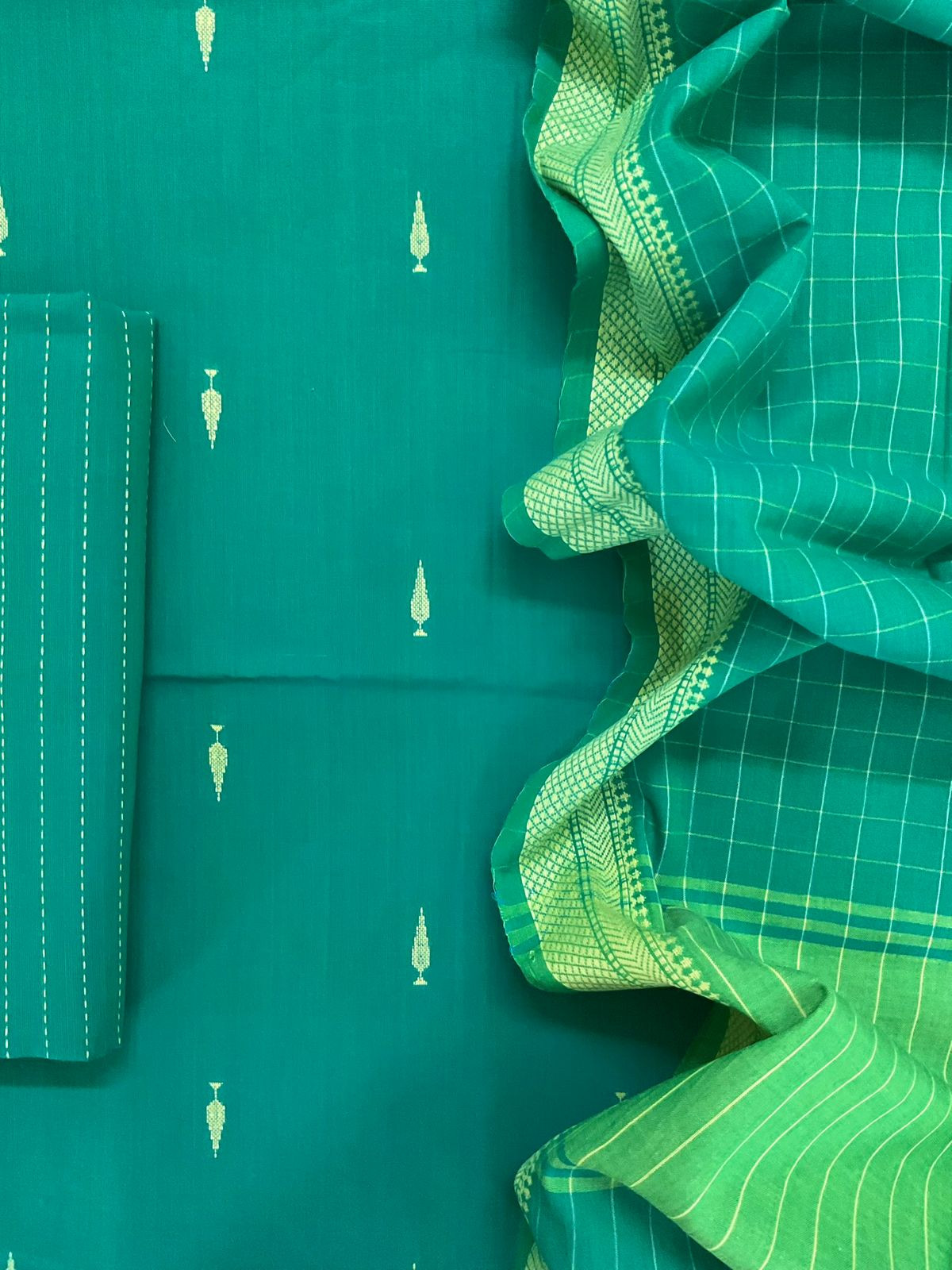 Pure Handloom Cotton Self Weaved Suit - Rama Green