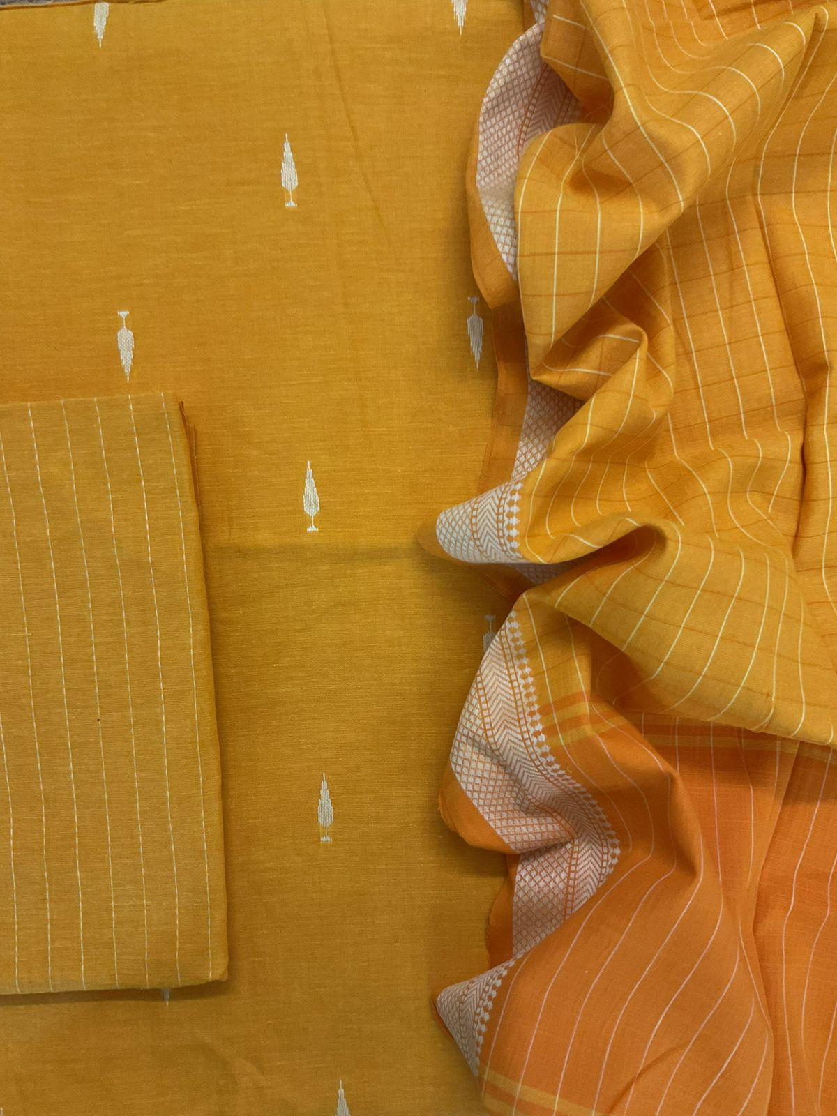 Pure Handloom Cotton Self Weaved Suit - Yellow