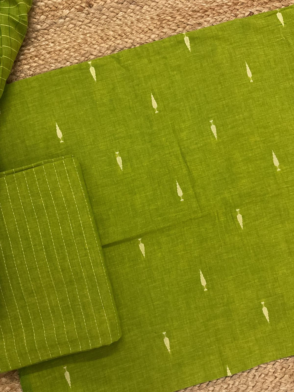 Pure Handloom Cotton Self Weaved Suit - Green