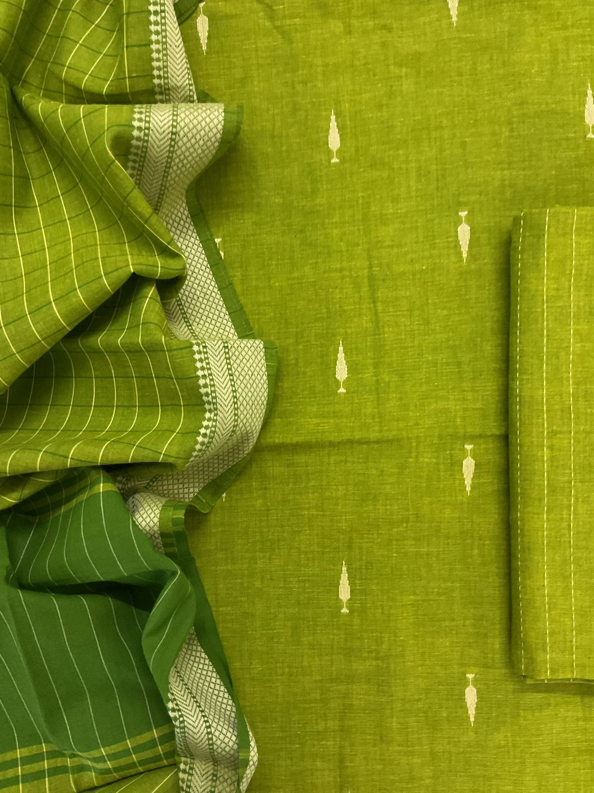 Pure Handloom Cotton Self Weaved Suit - Green