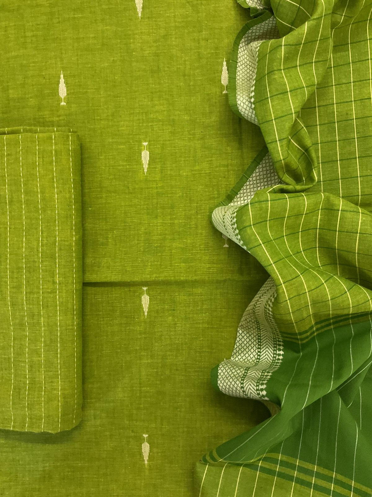 Pure Handloom Cotton Self Weaved Suit - Green