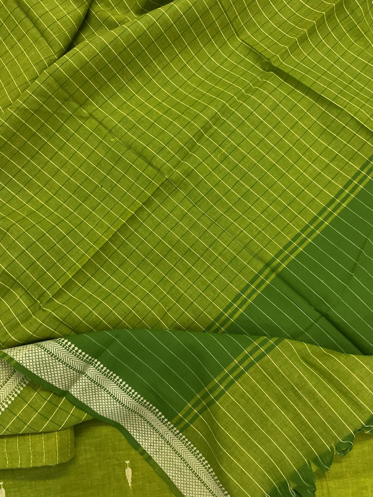 Pure Handloom Cotton Self Weaved Suit - Green