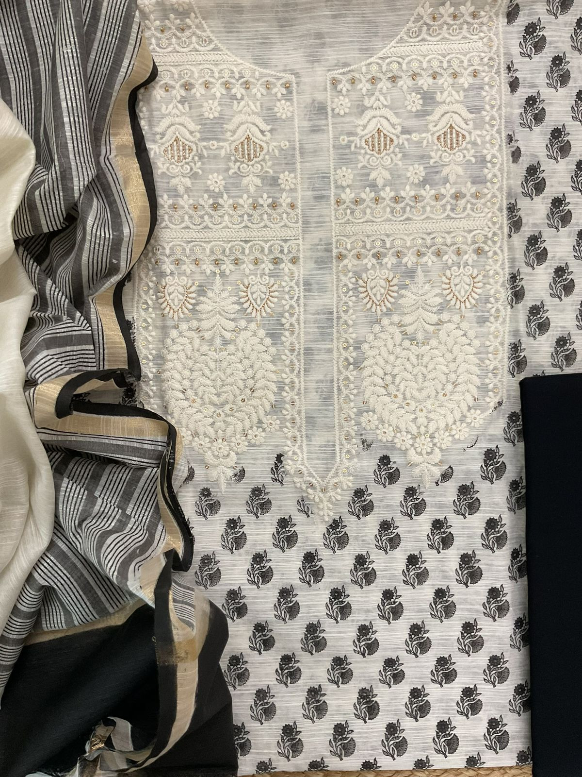 Soft Slub Chanderi Block Printed Embroidered Suit - Off White