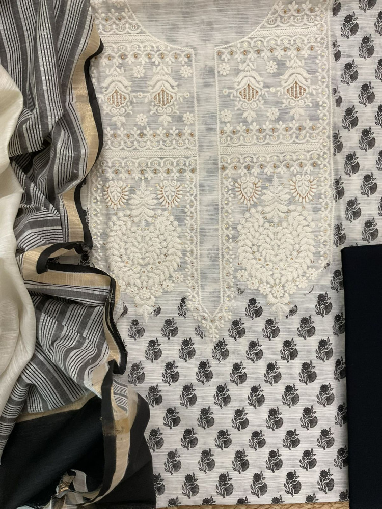 Image of Soft Slub Chanderi Block Printed Embroidered Suit - Off White